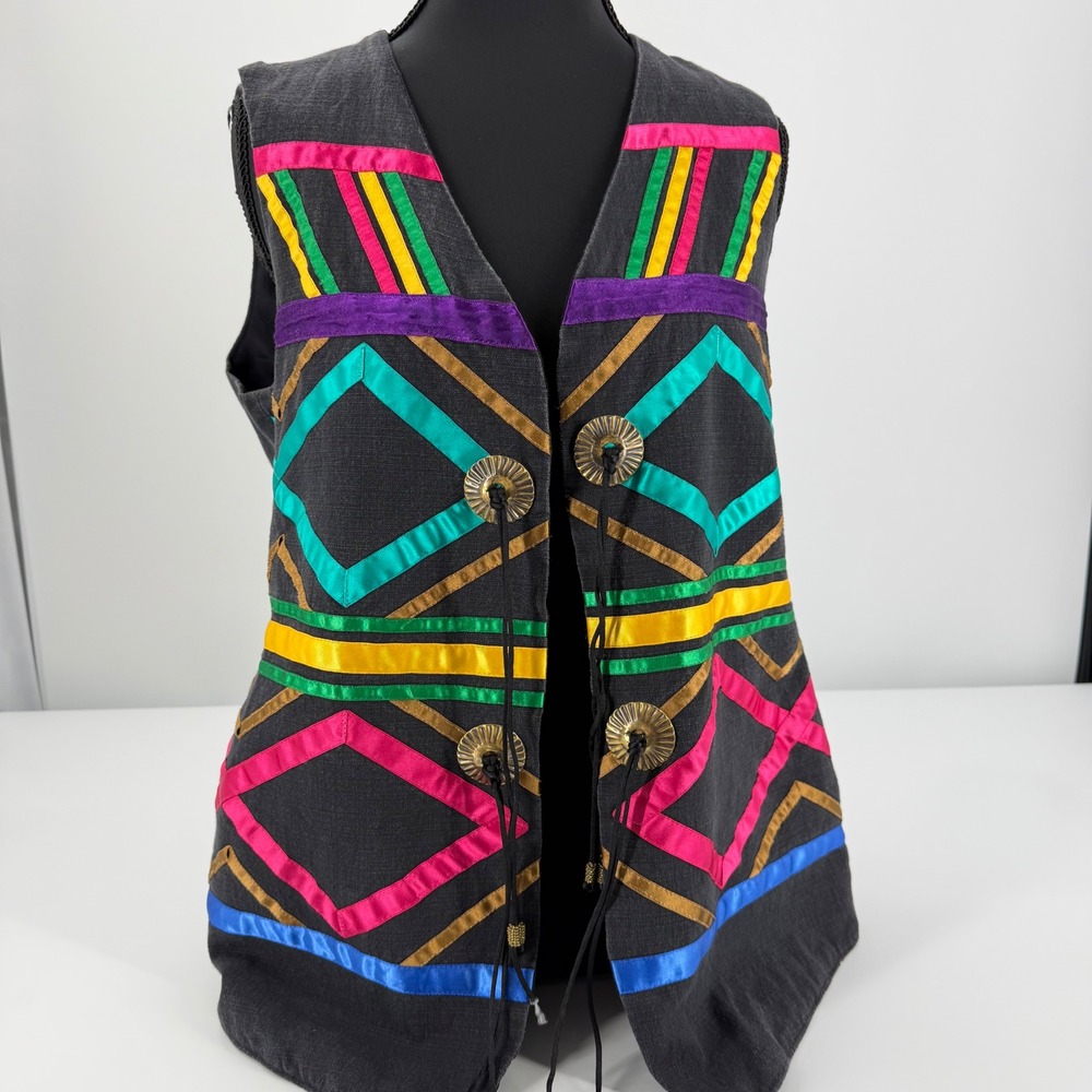 Girasol Mexican Folk Art vest rainbow Ribbon retro indie Concho cotton size  10